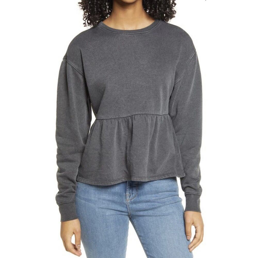 BP. Women's Ruffle Crop Long Sleeve Babydoll Top in Black Washed XSmall MSRP $39